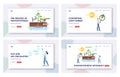 Photosynthesis Process Landing Page Template Set. Tiny Scientist at Infographics Presenting Changes Sunlight Into Energy