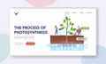 Photosynthesis Process Landing Page Template. Tiny Characters Fertilizing and Watering Huge Plant Convert Light Energy