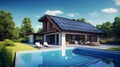 Photovoltaic panels. Solar generators. Mini power plant for home. Large country villa. Photovoltaic panels under blue sky. Blue