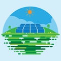 Photovoltaic Power Station or Solar Farm flat scene background vector design. Royalty Free Stock Photo