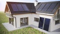 Photovoltaic solar panels on roof of a house producing renewable energy. 3D rendered illustration