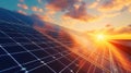 Photovoltaic solar panels on sunset sky background, green energy concept background Royalty Free Stock Photo