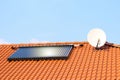 Photovoltaic or solar panels for water system on roof. House at sunset. Red roof with ecological solar system during the summer Royalty Free Stock Photo