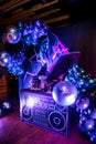 Photozone for a children`s birthday in a dark blue style