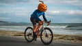 photpphoto of a person cycling by the beach wearing a Halloween pumpkin-shaped headdress