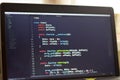 PHP back-end code. Computer programming source code. Abstract screen of web developer. Digital technology modern background