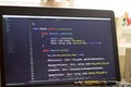 PHP back-end code. Computer programming source code. Abstract screen of web developer. Digital technology modern background