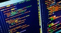 PHP code on the screen, extreme close up. Web developing and programming concept Royalty Free Stock Photo