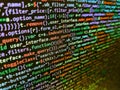 PHP development, software site code. Screen of web developing javascript code. Abstract computer script about big data and Royalty Free Stock Photo