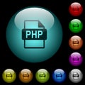 PHP file format icons in color illuminated glass buttons