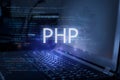 PHP inscription against laptop and code background. Learn php programming language, computer courses, training Royalty Free Stock Photo