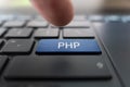 PHP logo on pc keyboard. Writing code PHP programming. Creating web projects in Hypertext Preprocessor language. Website