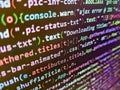 PHP syntax highlighted. React HTML, native concept on LCD. Big data database app. IT business. Screen of code for overlay
