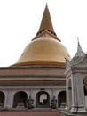 Cloister gateway to inner courtyard of stupa, protected by stone guardian statues, Phra Pathom Chedi, Nakhon Pathom, Thailand