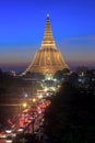 Phra Prathomchedi after sunset with the twilight sky in Nakornpathom (Banner at the bottom written 