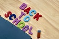 The phrase back to school is laid out in multicolored letters on the table a fountain pen a book a ruler a pencil next to the Royalty Free Stock Photo