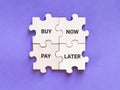 Phrase buy now pay later on wooden jigsaw puzzle against purple background.