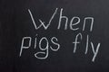 The phrase on the chalk board `When pigs fly`
