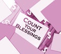 The phrase Count Your Blessings typed on a piece of paper and paper dollar signs around. Career concept