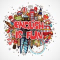 Phrase ENGLISH IS FUN educational and travelling concept. English is Fun vector cartoon illustration, lettering about Royalty Free Stock Photo