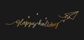 Phrase Happy holidays with gold Paper plane continuous one line drawing. use for Greeting Car