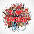Phrase I LOVE ENGLISH educational and travelling concept. I love English vector cartoon illustration, lettering about