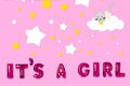 Phrase ITS A GIRL made of foil balloon letters and stars on background. Baby shower party Royalty Free Stock Photo