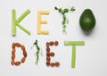 Phrase Keto Diet made with different on white background, flat lay