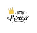 Phrase Little Princess. Cute girly sticker with lettering and crown for print. Design for kid