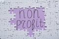 Phrase Non Profit surrounded by many white puzzles on purple background, flat lay