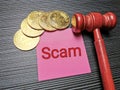 Phrase scam written on sticky note with golden bitcoins and gavel.