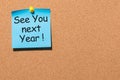 Phrase See you next year pinned at cork board with empty space for text, template Royalty Free Stock Photo