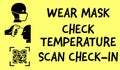 Phrase wear mask,check temperature and scan check-in with icons.