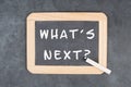 The phrase whatÃÂ´s next is standing on a chalkboard, having new goals and strategies, making plans for future