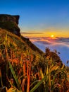 Phu chi fa and mist at sunrise in Chiang rai province,Thailand Royalty Free Stock Photo