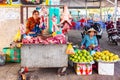 Phu Quoc Island, Vietnam - February 26, 2018: Street woman vendors sell meat on the traditional food market Royalty Free Stock Photo