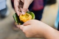 Phuchka or Pani Puri served on a bowl made of shal leaves in india. This popular street food is also called gupchup or golgappa.