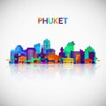 Phuket skyline silhouette in colorful geometric style.