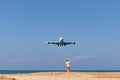 Phuket Thailand Airplane Landing over sea at Phuket Airport Locate at Mai Khao beach phuket thailand popular landmark tourists Royalty Free Stock Photo