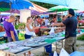 Phuket, Thailand - July 20, 2020 : Tourists buy fresh squid at flea market during covid-19 quarantine