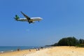 PHUKET, THAILAND - MARCH 26, 2018: Spring Airlines Airbus A320 B-8873 landing on blue sky at Phuket International Airport