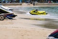 Phuket, Thailand - May, 07, 2022 : Speedboat wait for tourists to take a tour on Tawaen Beach in the day time on Koh Lan island