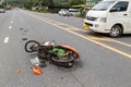 PHUKET, THAILAND - NOVEMBER 3 : Van accident on the road and crashed with motorcycle which causing the rider serious injury.