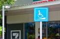Phuket, Thailand - September 14, 2017 : blue wheelchair ramp sign mark for the disabled and cctv camera in front of 7-Eleven shop