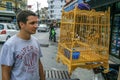 A young man standing by the wild songbirds in cages at the market. Travel around Asia.