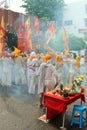 Phuket Town / Thailand - October 7, 2019: Phuket Vegetarian Festival or Nine Emperor Gods Festival procession, table of offerings