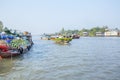 Phung Hiep floating market at seven-ways crossroads (Nga Bay), Can Tho city, Tien Giang Royalty Free Stock Photo