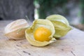 Physalis peruviana orange ripened fruits in husk on wooden table Royalty Free Stock Photo