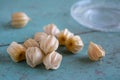 Physalis peruviana ripened orange yellow cape gooseberry goldenberry edible tasty ingredient fruits spread on wooden background Royalty Free Stock Photo