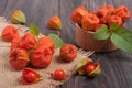 Physalis scattered on a dark wooden table Royalty Free Stock Photo